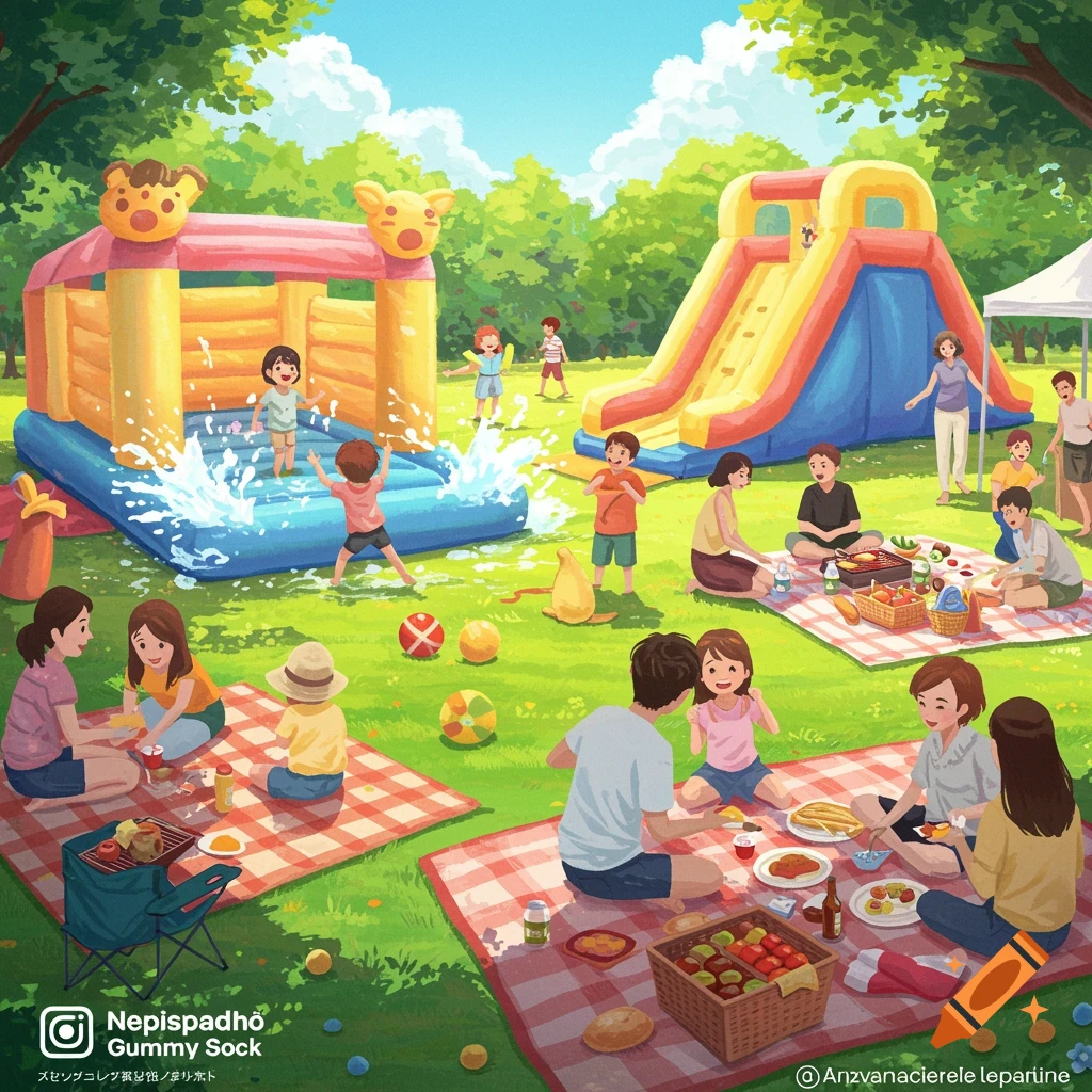 An outdoor summer event illustration with families picnicking, children playing in a water bouncy castle and on a slide in a sunny park.