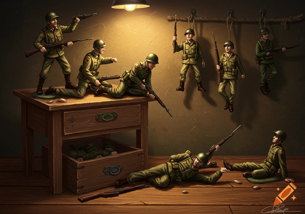 Detailed still life of green army men figures in action poses on and around a wooden table, with some hanging.