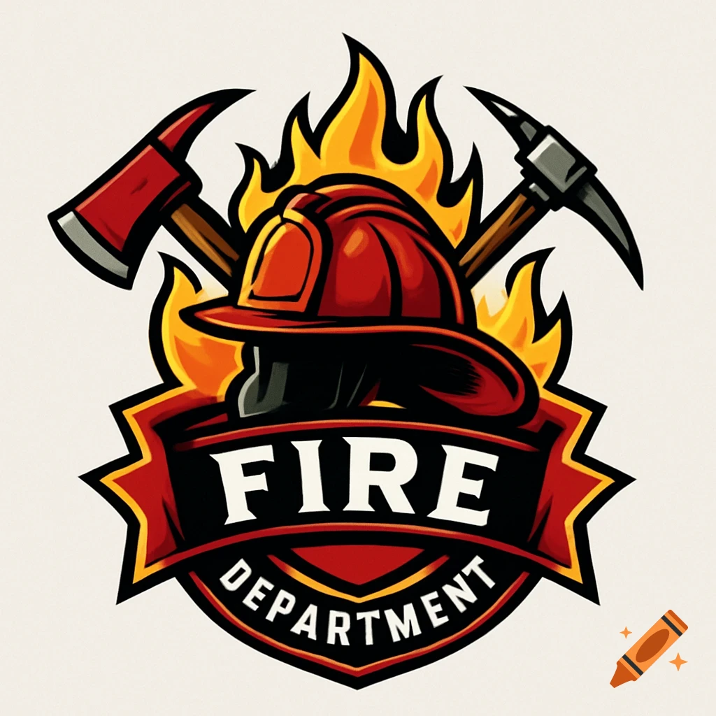 A red firefighter's helmet, crossed axe and pickaxe, and flames on a red and yellow shield logo with 'FIRE DEPARTMENT' text.