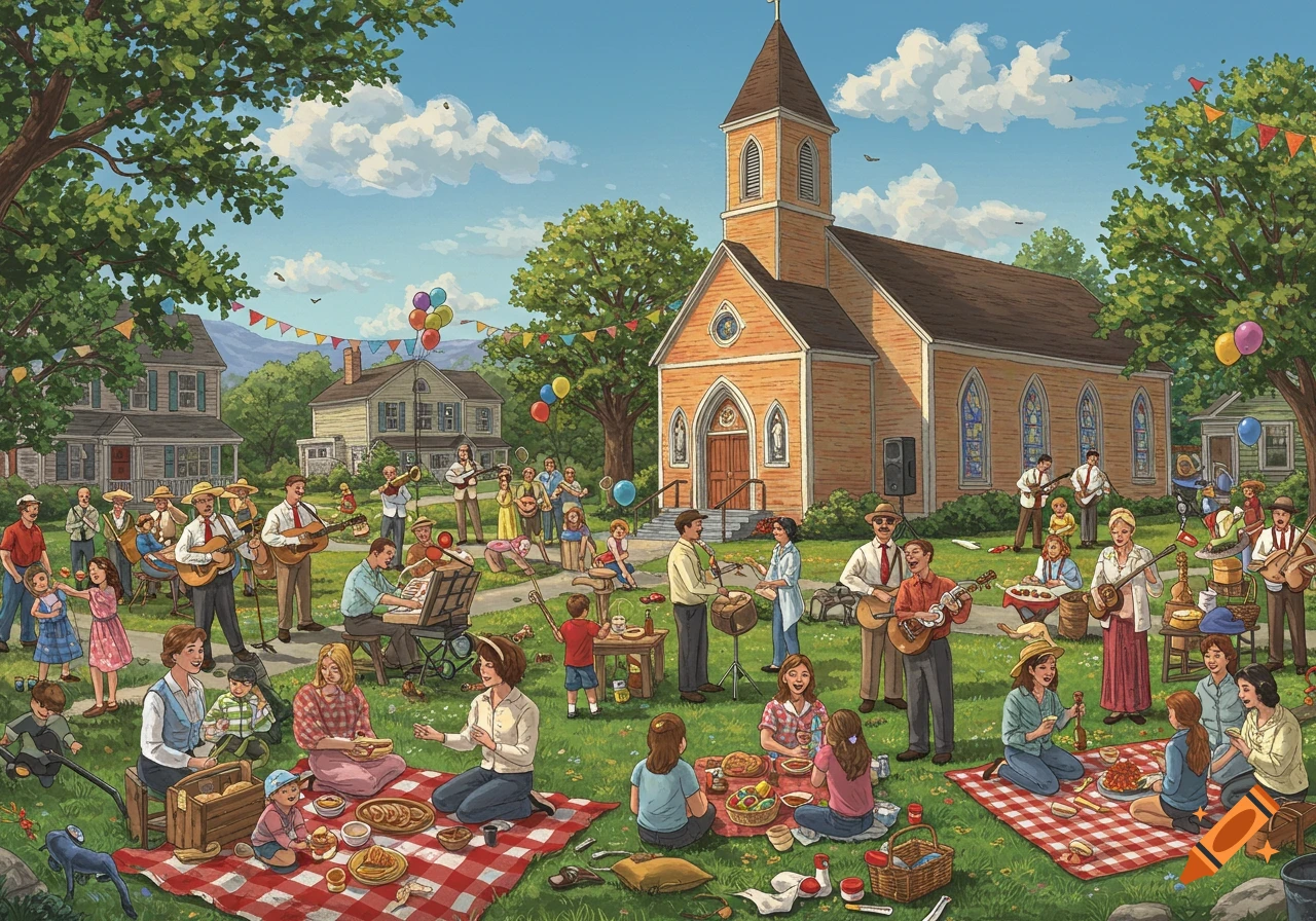 An illustration of a lively outdoor community event with people picnicking, playing music, and mingling on a sunny day in front of a church.