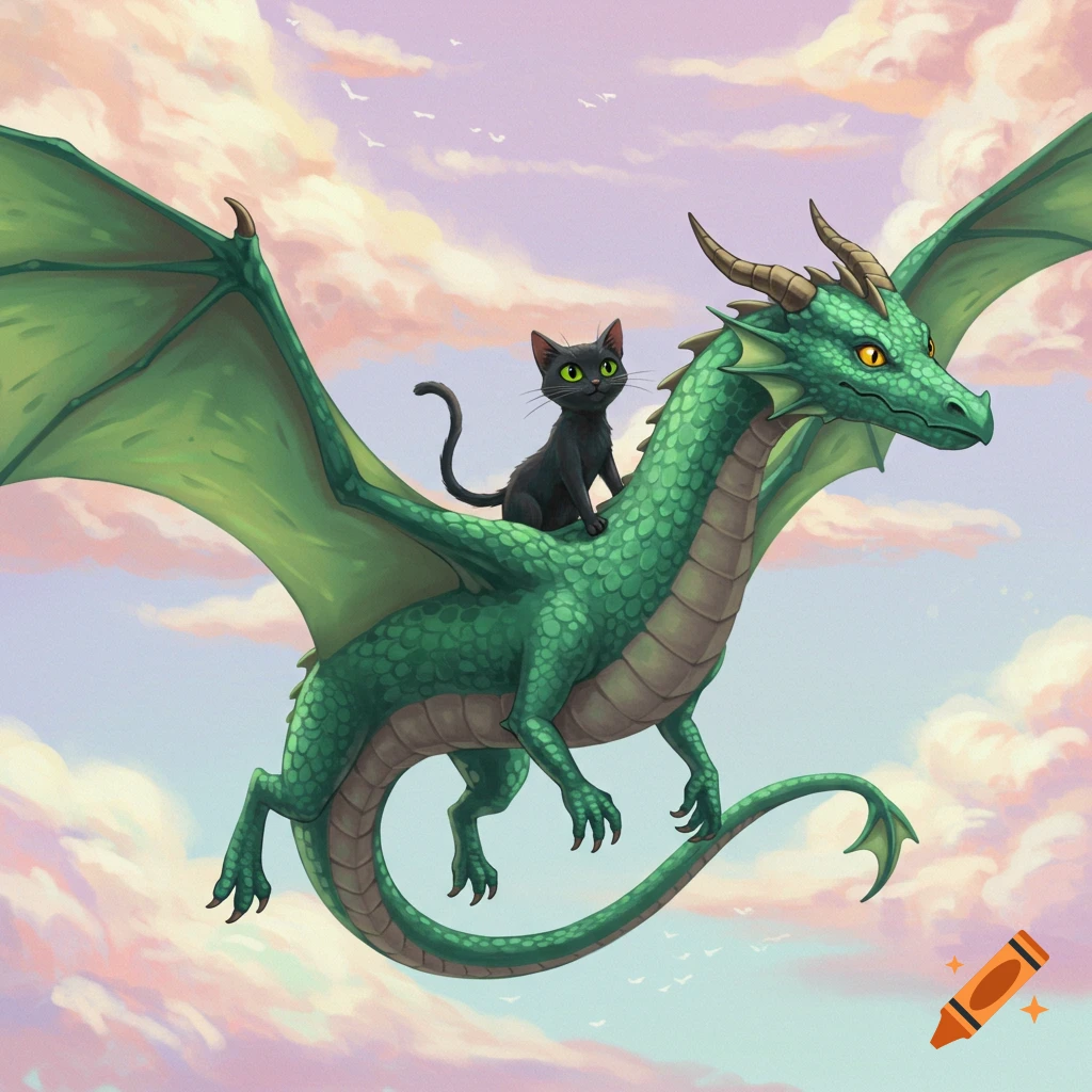 A black cat rides on the back of a green dragon flying through a cloudy sky.