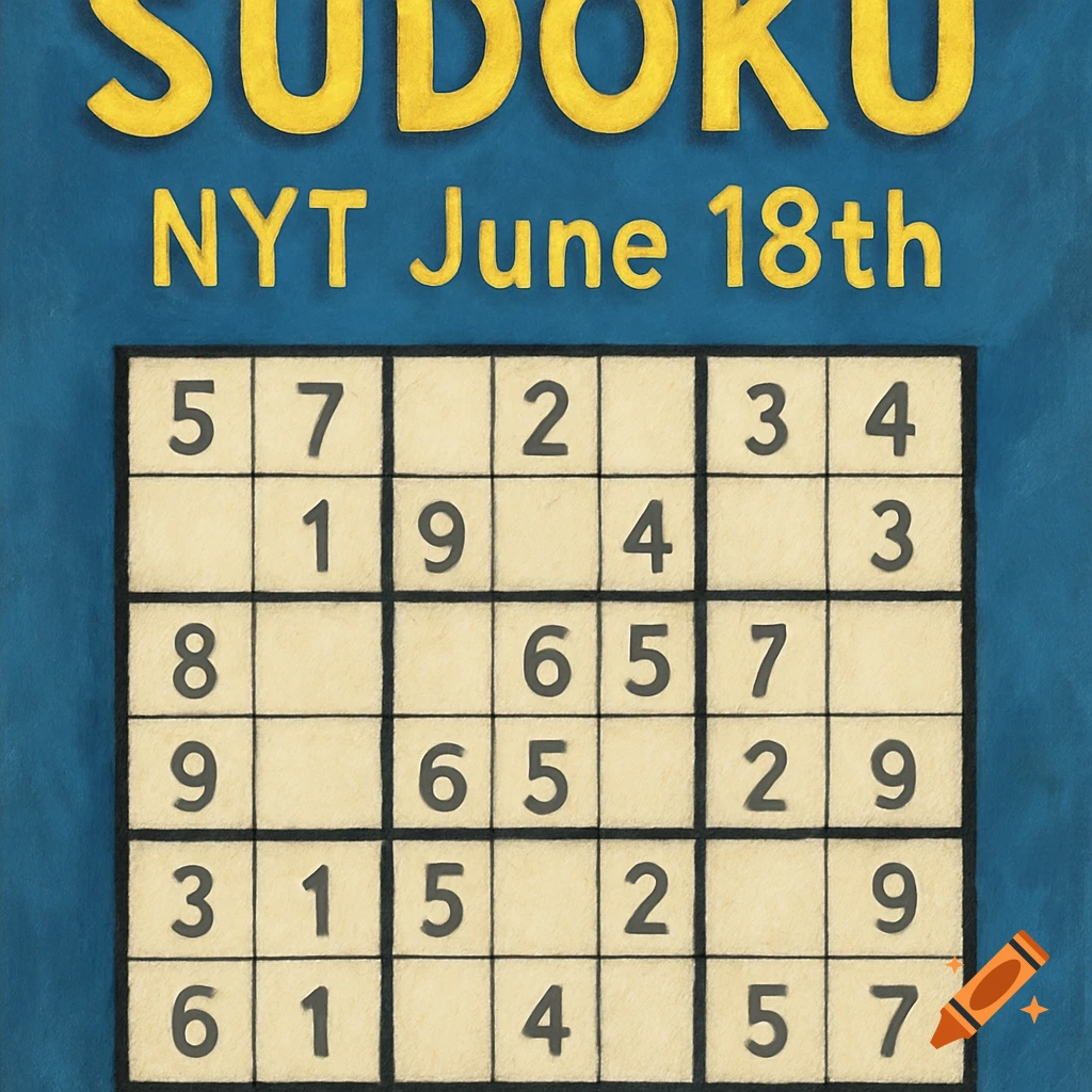 Illustrated Sudoku puzzle with yellow 'SUDOKU' text and 'NYT June 18th' above a grid of numbers on a blue background.