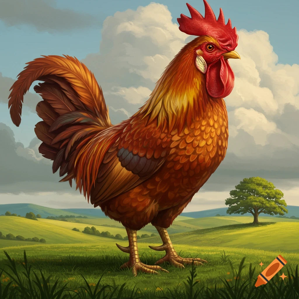 A gigantic rooster stands in a green field under a cloudy sky.