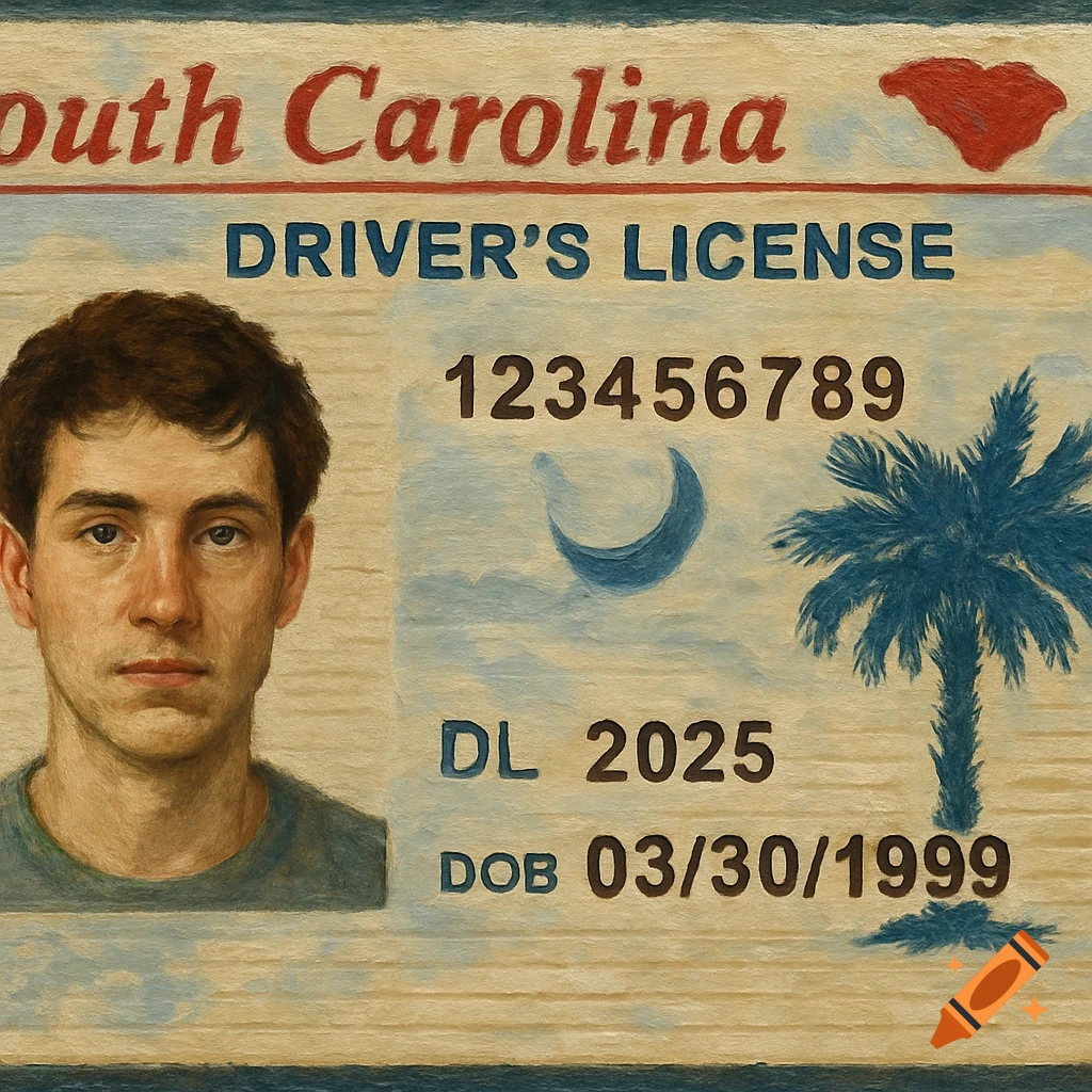A painterly image of a South Carolina driver's license with a young man's portrait, showing 'DRIVER'S LICENSE', 'DL 2025', and 'DOB 03/30/1999'.