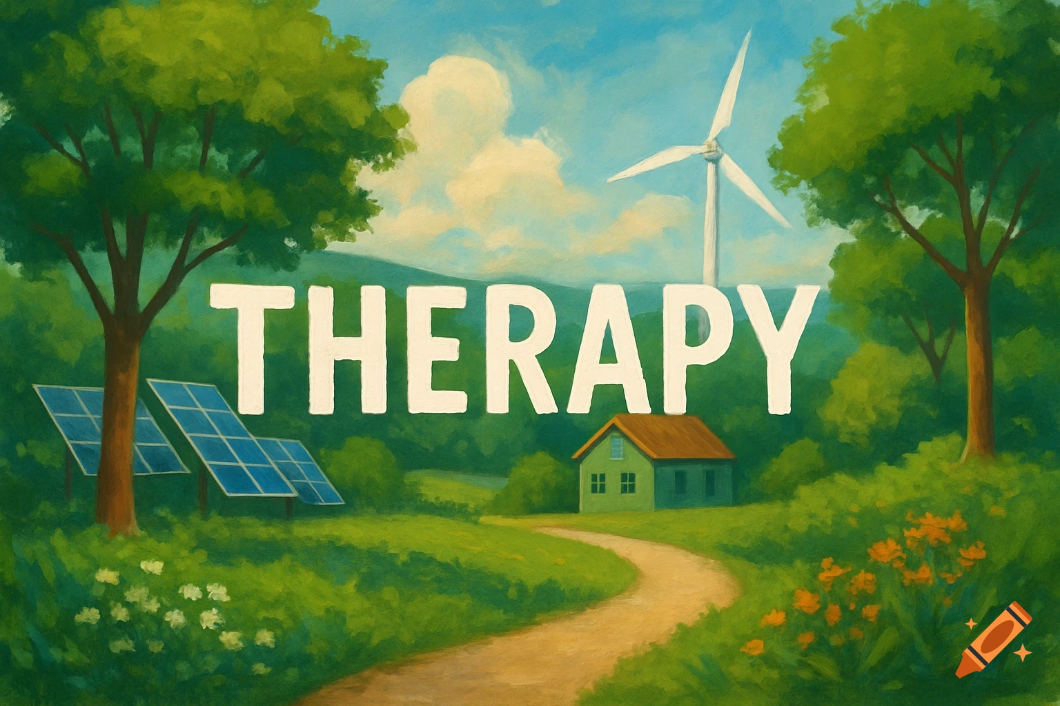 A painterly landscape featuring green trees, a small house, solar panels, and a wind turbine, with the large white word "THERAPY" centered in the sky.