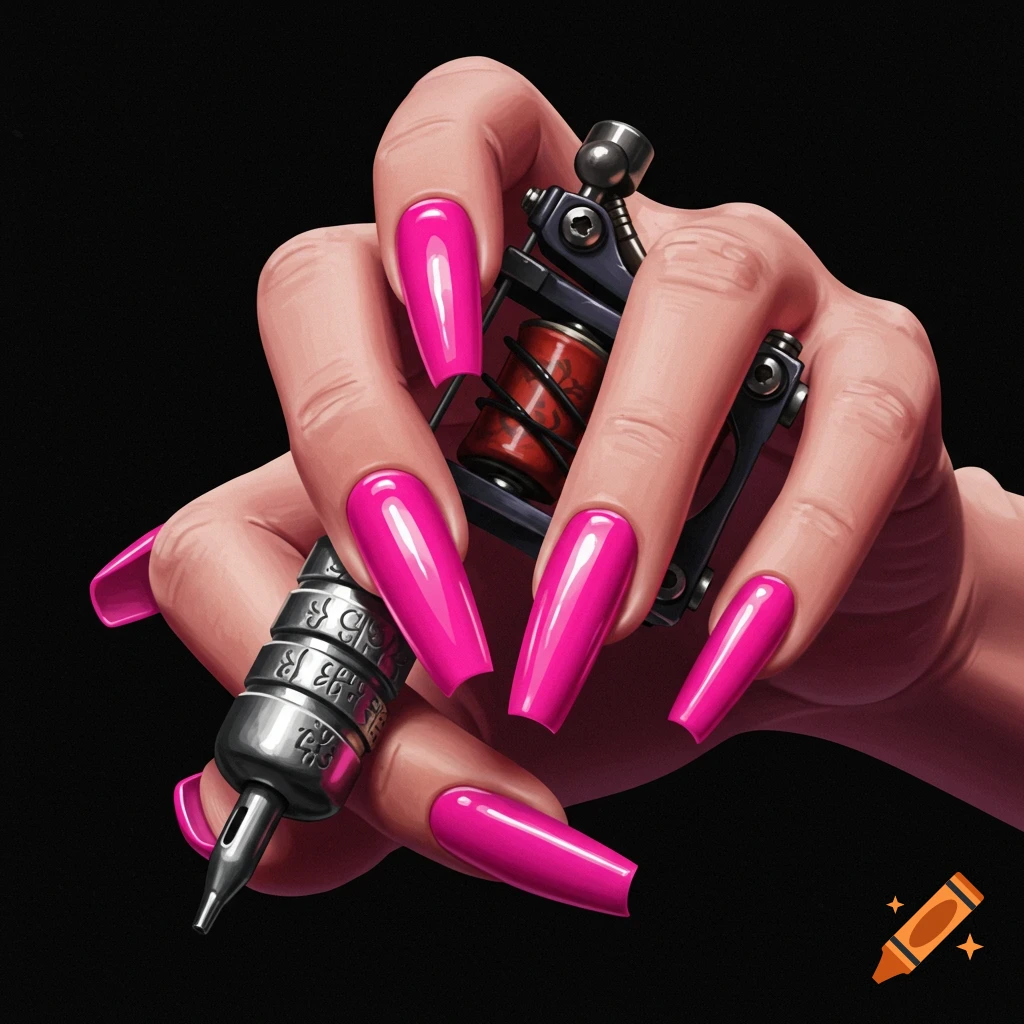 A hand with long bright pink nails gripping a tattoo machine.