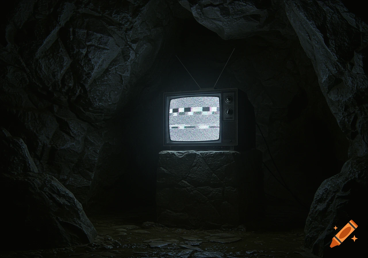 A vintage television displaying static sits on a rock pedestal in a dark, rocky cave.