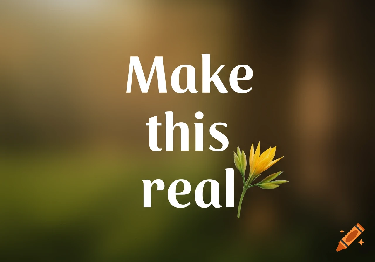 White text 'Make this real' on a blurred brown and green background with a yellow flower.