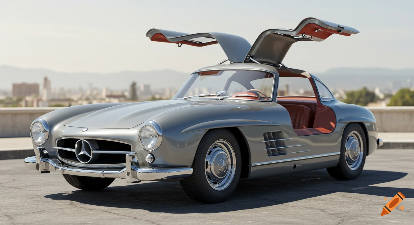A silver Mercedes-Benz 300 SL Gullwing with its distinctive doors open, parked outdoors with a city skyline in the background.