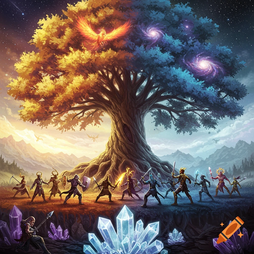Fantasy illustration of warriors battling around a cosmic tree with a phoenix above and large crystals below.