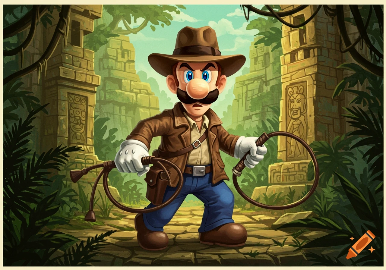Cartoon Mario dressed as Indiana Jones holding a whip in a jungle temple ruin, illustrative style
