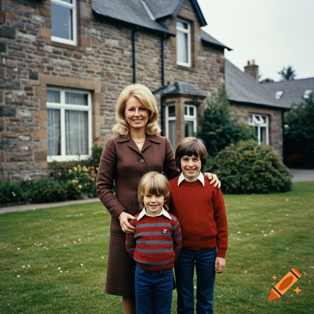 A blonde woman and two boys smiling in front of a stone house on a grassy lawn in the 1970s.