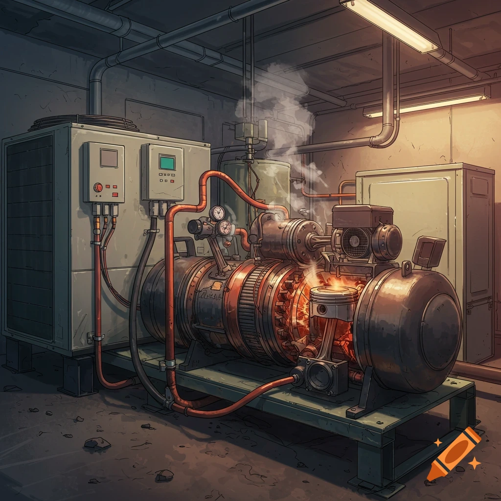 A large, detailed industrial HVAC compressor system malfunctioning with smoke and glowing heat in a concrete utility room.