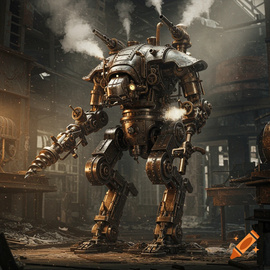 Detailed steampunk battle robot in an industrial setting with a drill arm.