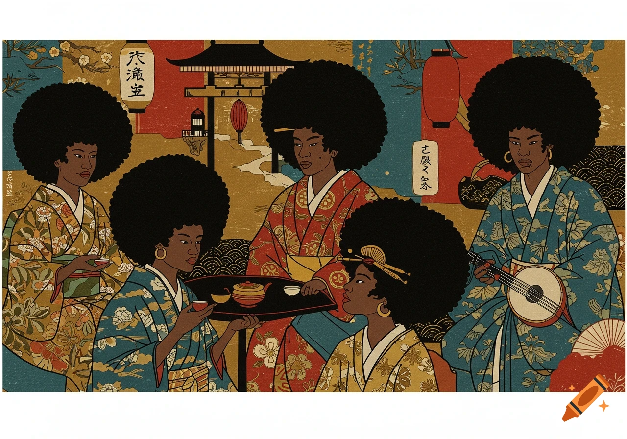 Illustrative depiction of five women with large afro hairstyles wearing kimonos in a Japanese setting, having a tea ceremony and playing an instrument.