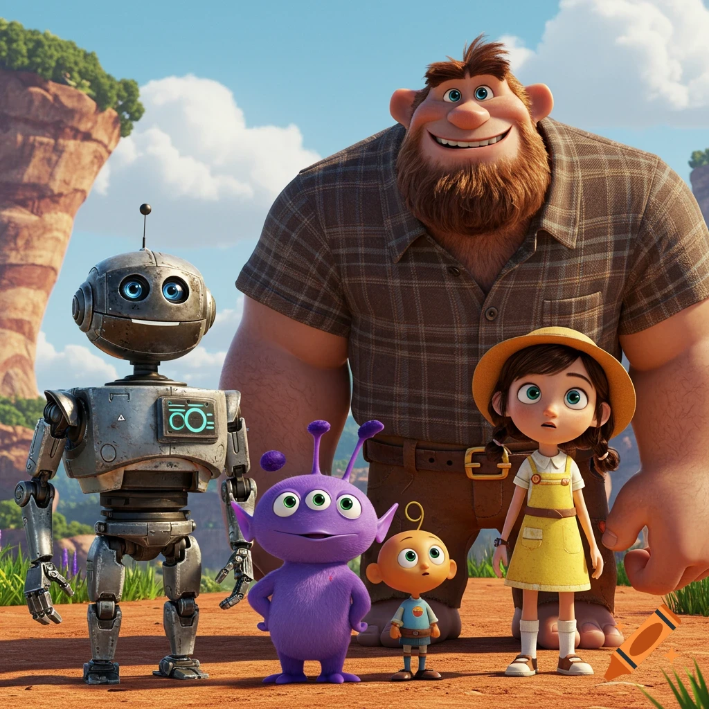 A robot, purple alien, baby, large man, and girl stand outdoors in a CGI animation style.