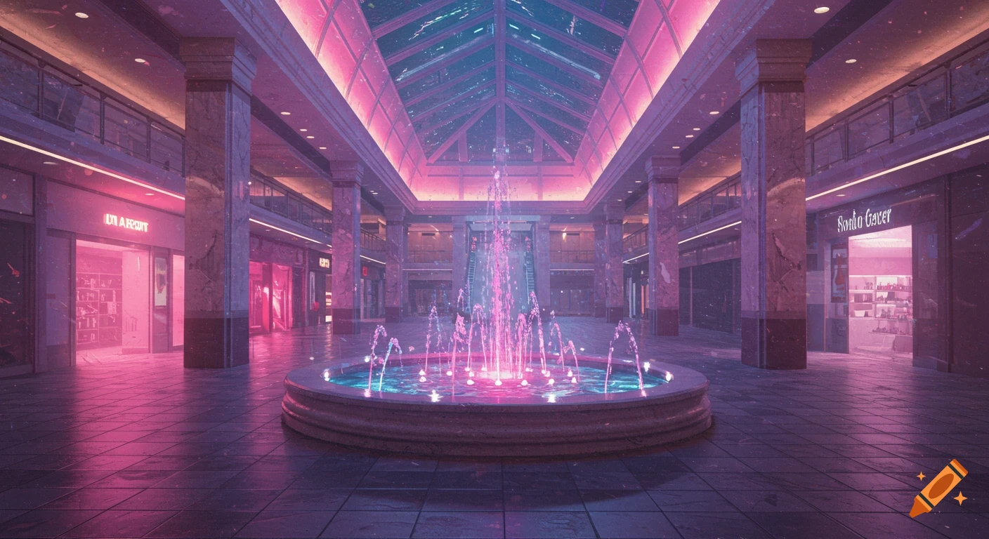 Empty retro shopping mall interior with pink and blue lit fountain and neon signs