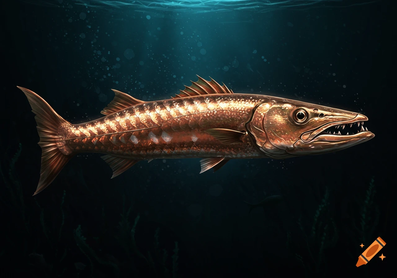 A detailed illustration of a barracuda with bronze scales and sharp teeth, swimming in a dark blue underwater environment with light rays.