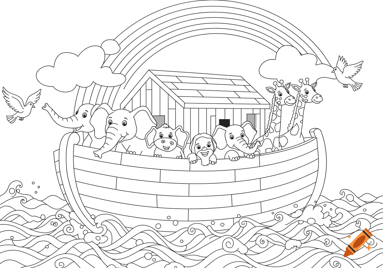 Black and white line art of Noah's Ark on waves with smiling elephants, giraffes, a person, and doves; a rainbow arches above.