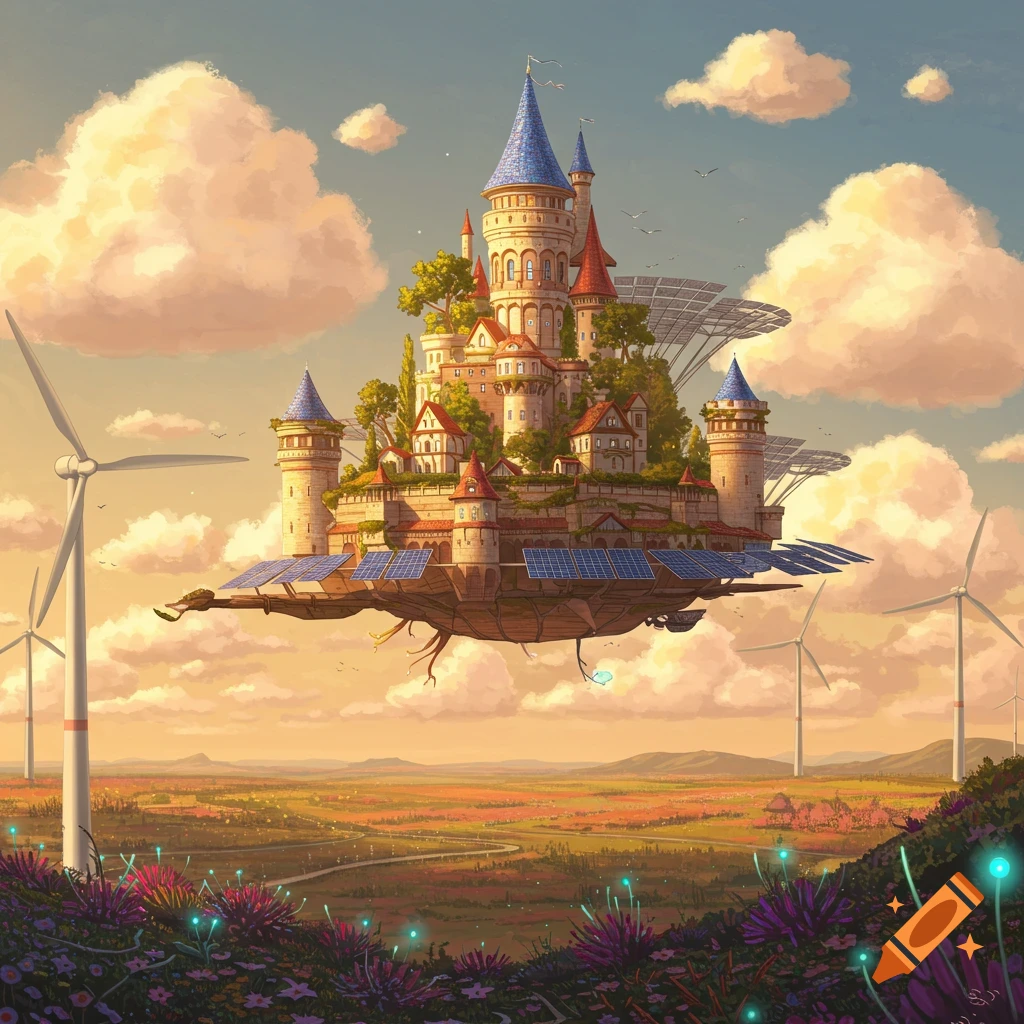 Solarpunk flying castle with solar panels above a landscape with wind turbines and flowers. Fantasy digital painting.