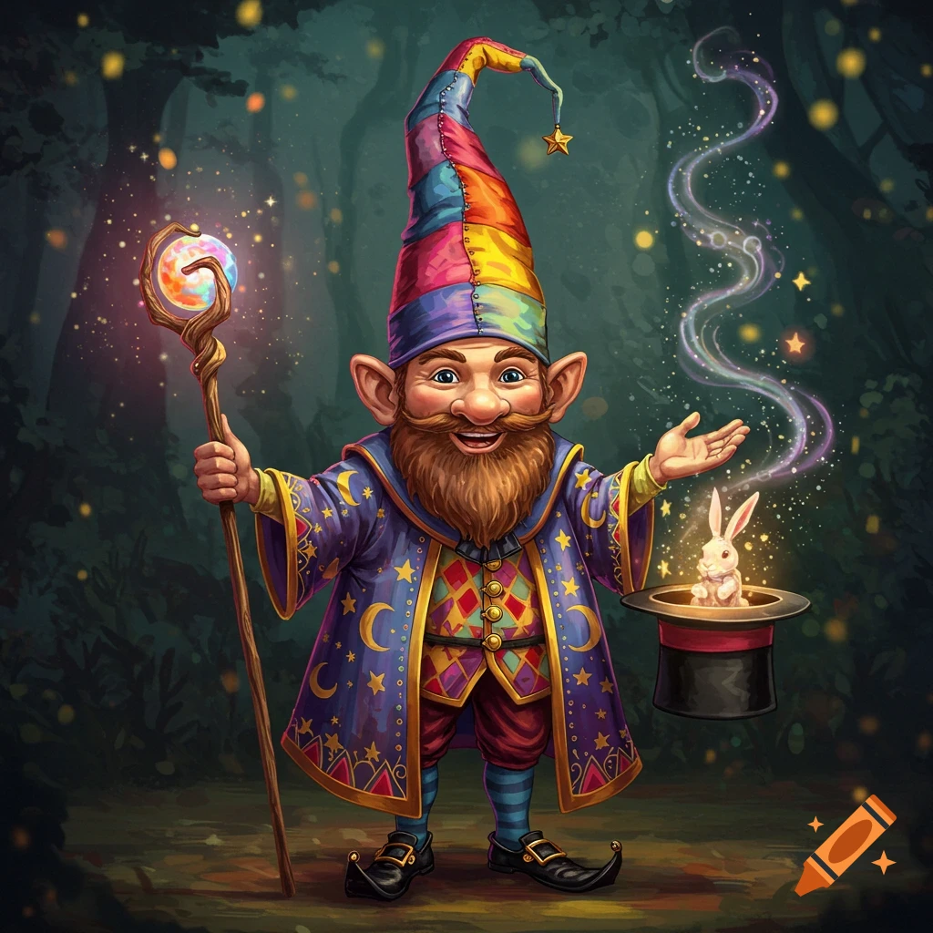 A cheerful gnome illusionist holds a glowing staff and pulls a rabbit from a top hat in a magical forest.