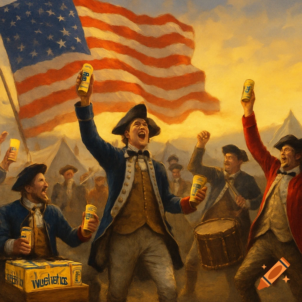 Revolutionary War soldiers celebrate with cans under a large US flag, painted style.