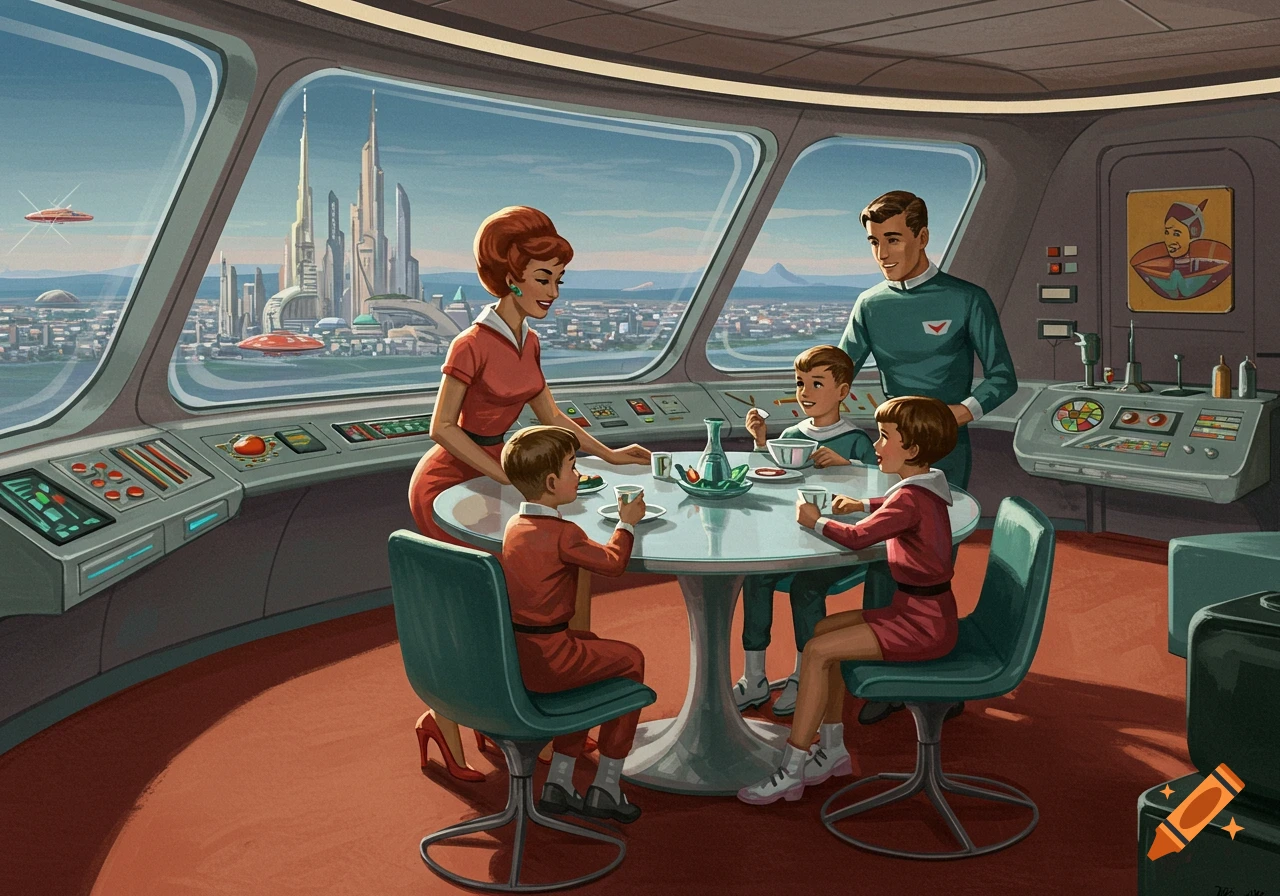 Retro-futuristic illustration of a family eating in a spaceship with a view of a future city and flying saucers.