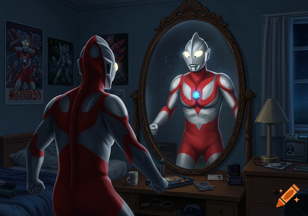 Ultraman stands in a bedroom, looking at his reflection in a decorative mirror at night, with posters on the wall.