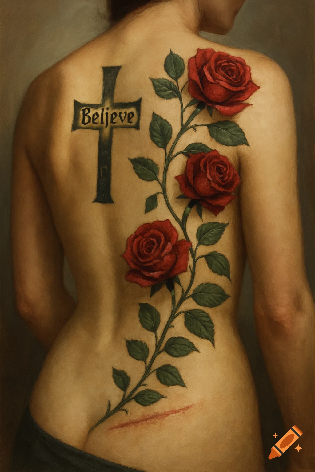 Illustrative image of a back with a Believe cross tattoo and a rose vine originating from a scar.
