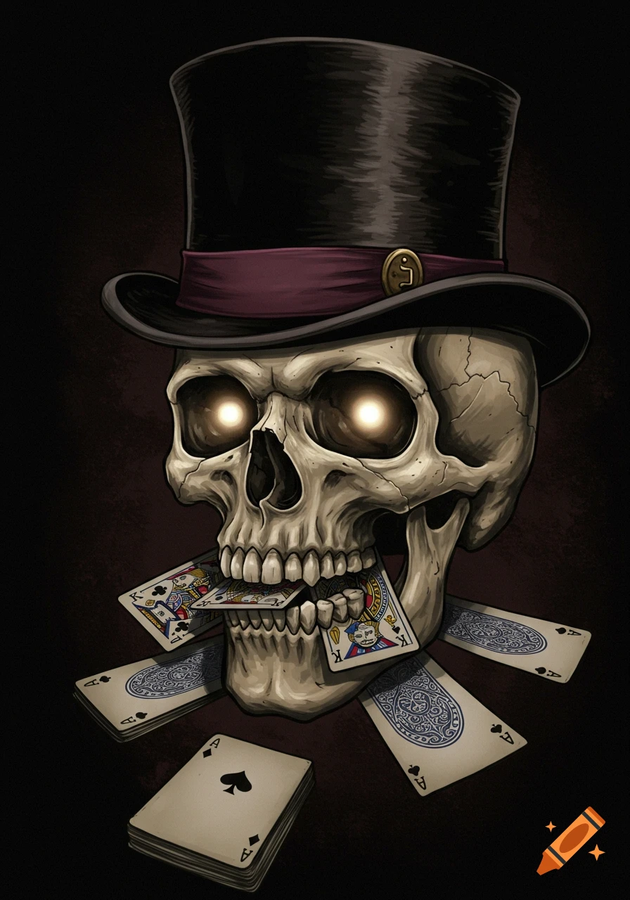 Illustration of a skull wearing a top hat, holding playing cards in its mouth, with more cards scattered below.