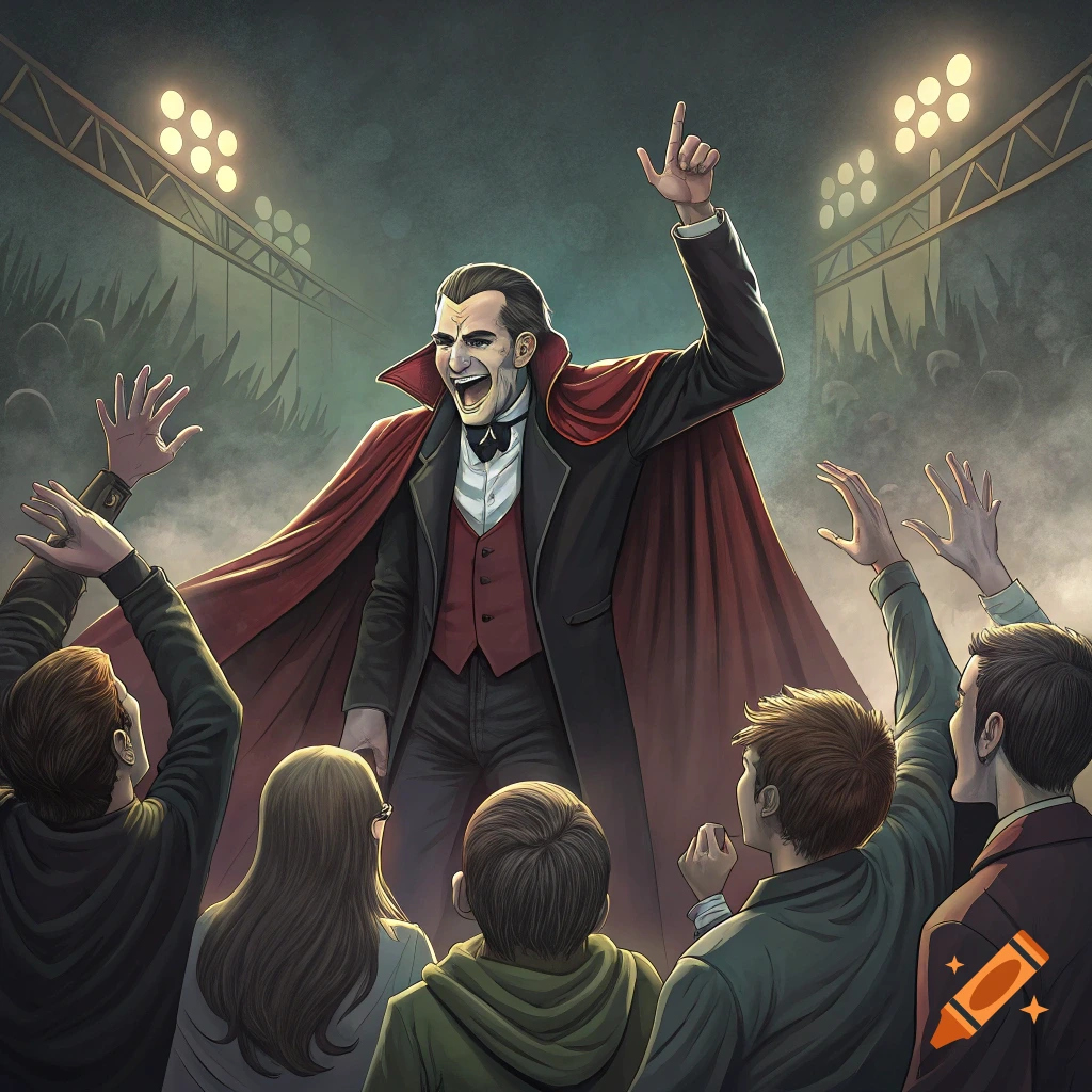 An illustration of a vampire-like man in a red-lined cape raising an arm to a cheering crowd under spotlights.