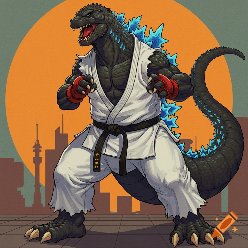 An illustration of Godzilla wearing a white karate gi and black belt, posing in front of a city skyline and large orange sun.
