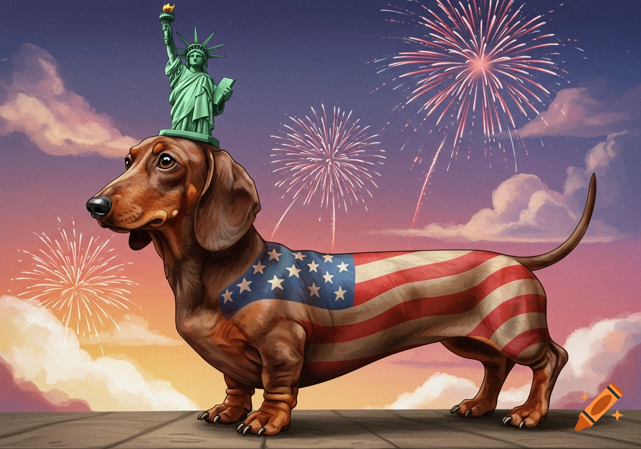 A dachshund wearing an American flag pattern and a Statue of Liberty hat stands with fireworks in the sky.