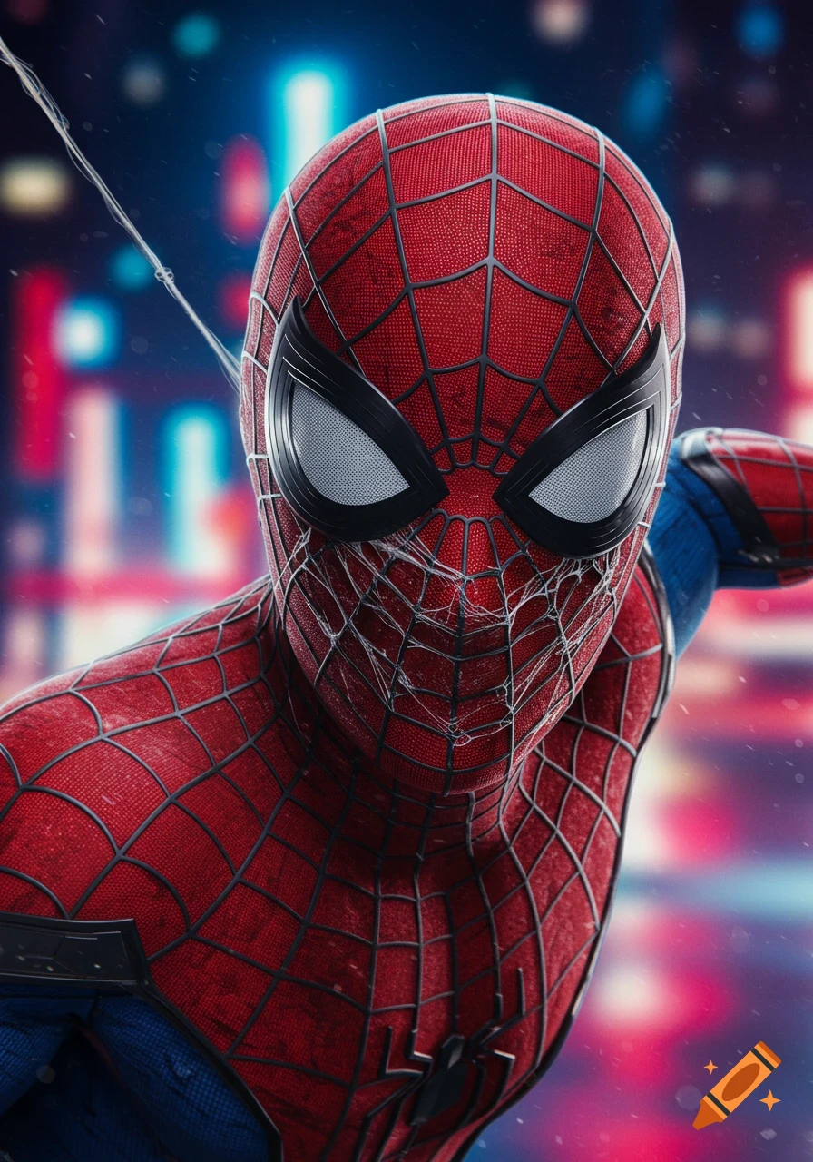 Close-up photorealistic portrait of Spider-Man with webbing on his face against a blurred city lights background.