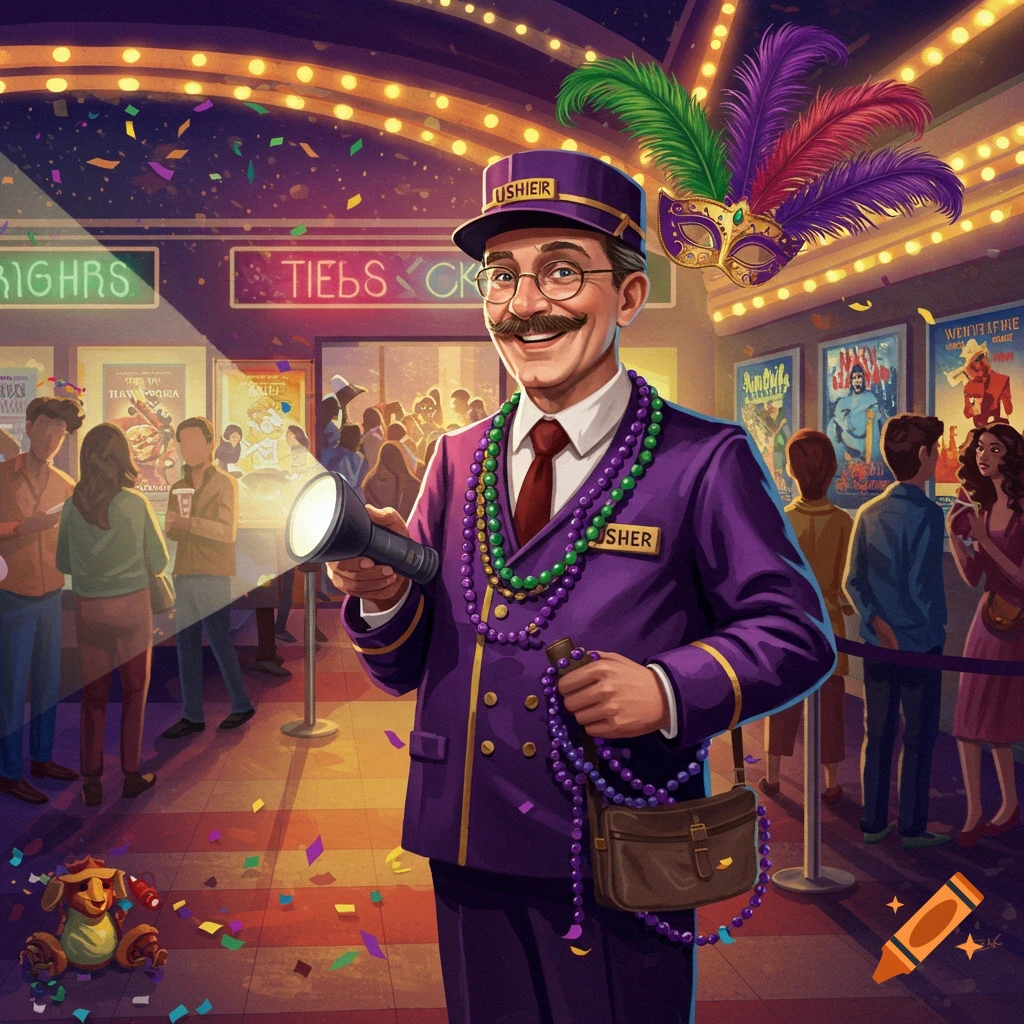 A smiling usher in a purple uniform and Mardi Gras beads holds a flashlight in a movie theater lobby filled with confetti and people.