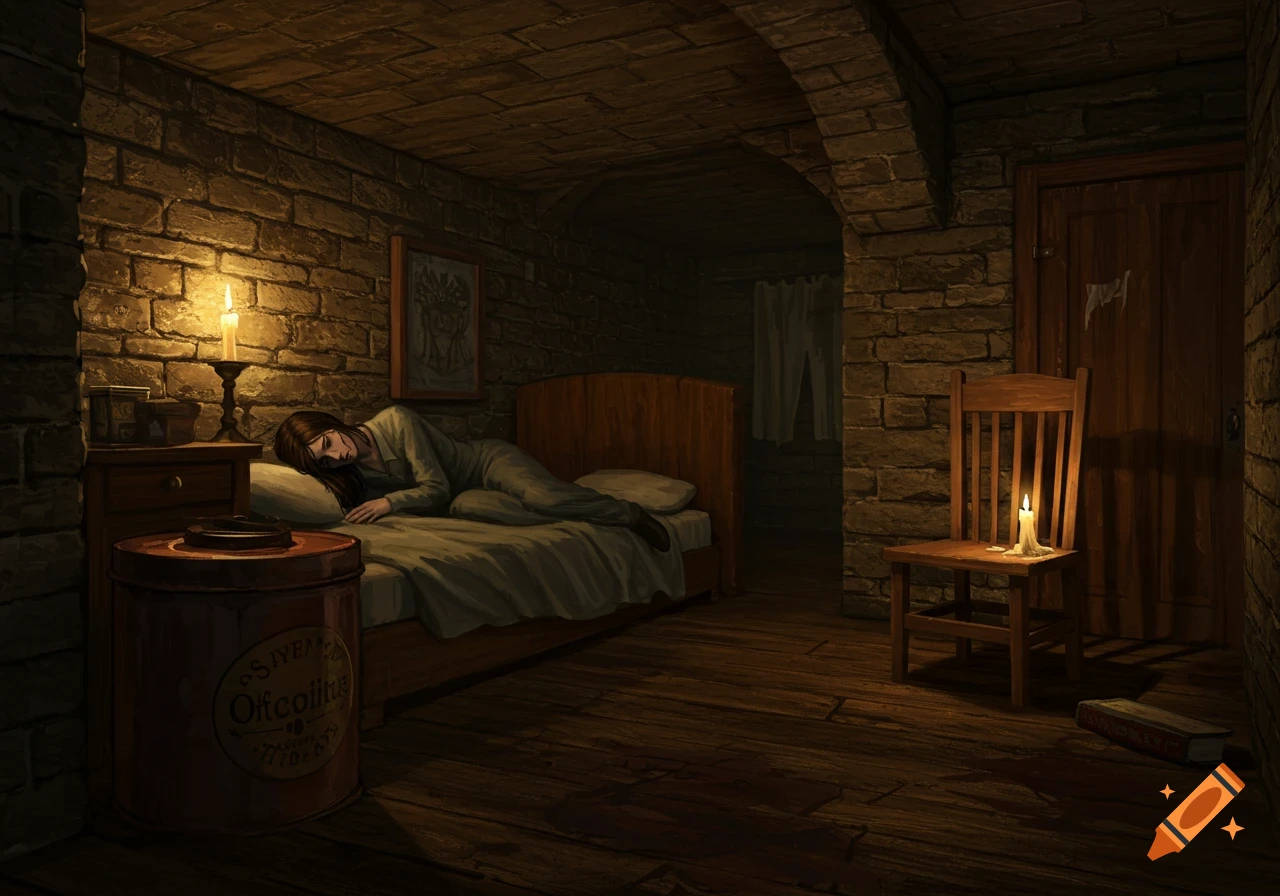 A slim woman sleeps on a bed in a dimly lit, brick-walled basement, lit by candles on a nightstand and a chair, with a large tin can in the foreground.