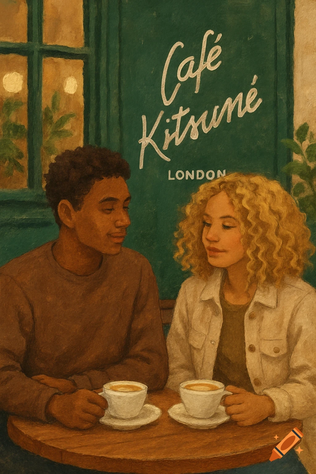 A couple sits at a wooden table with coffee cups outside Caf Kitsun in London, illustrated in a textured painting style.