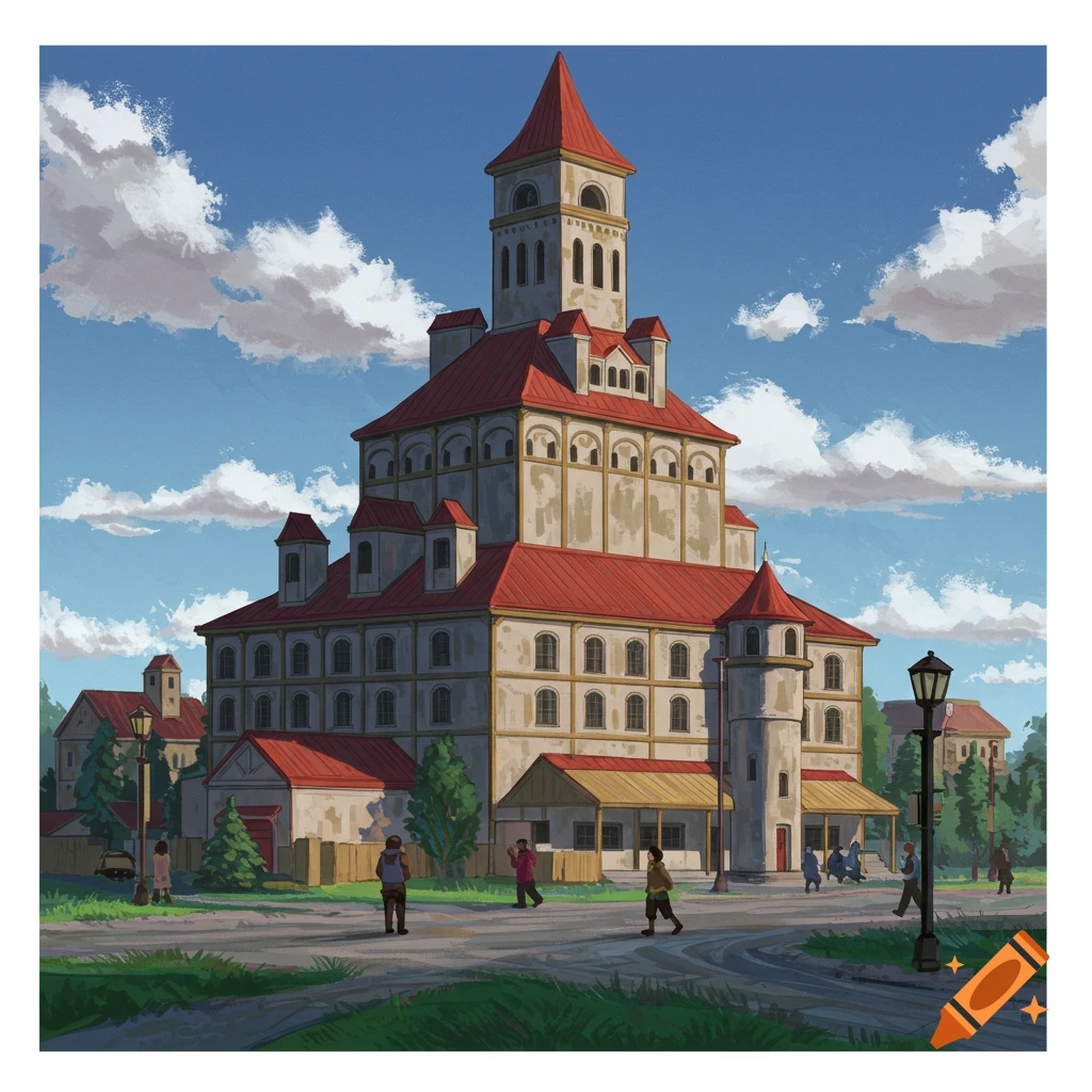 A large, multi-story building with red roofs dominates a town square under a blue sky with clouds. People walk on the dirt road.