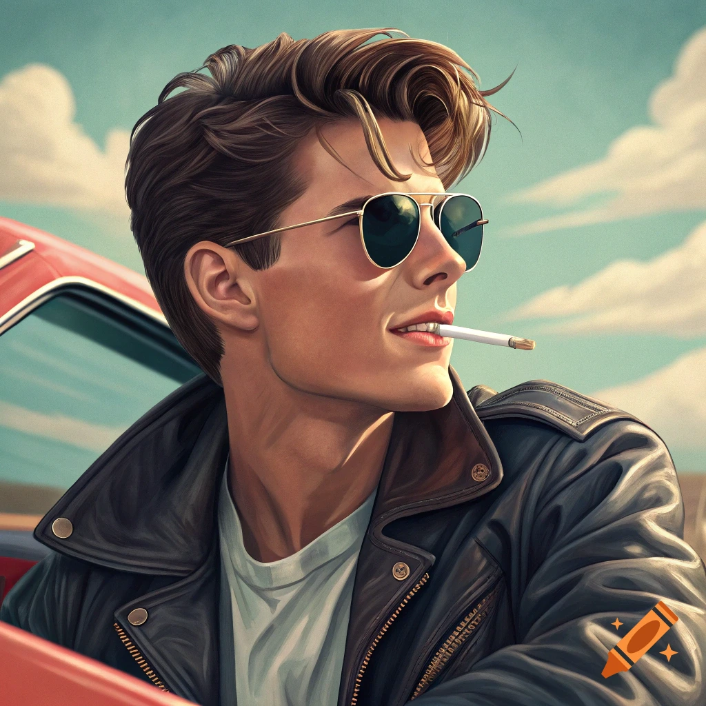A young man in sunglasses and a leather jacket, with a cigarette in his mouth, next to a red car under a cloudy sky. Stylized portrait.