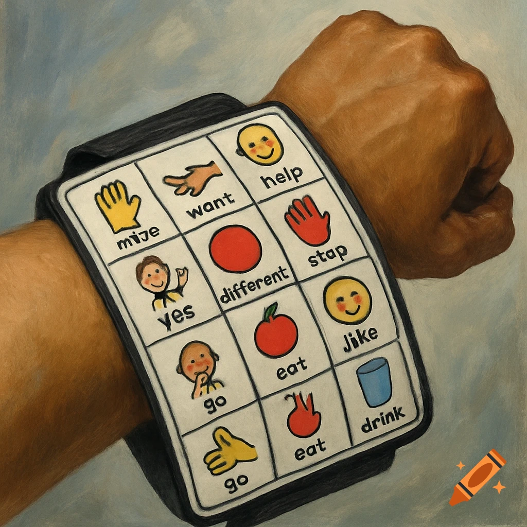 A person's arm wearing a wristband communication device with a grid of images and words.