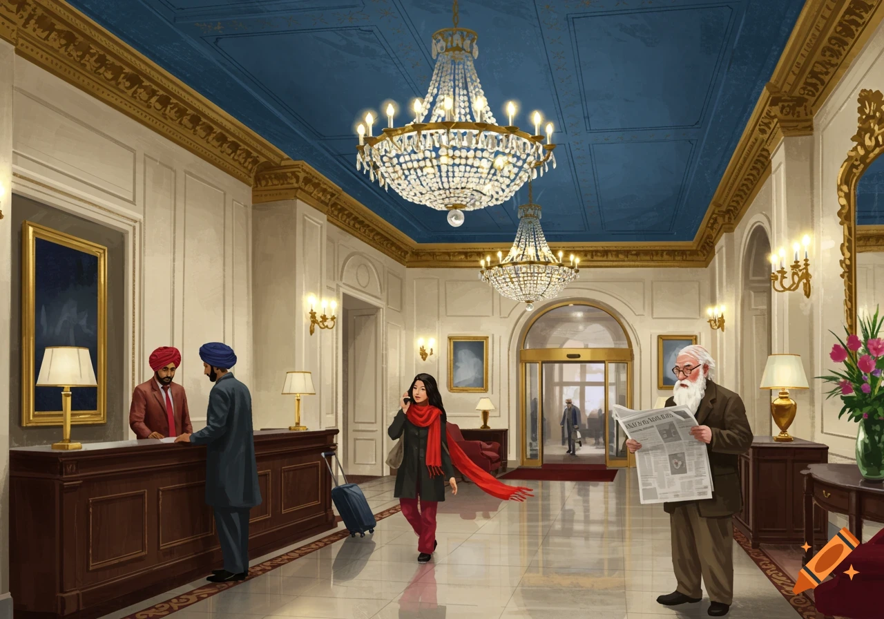 A grand hotel lobby with a blue ceiling and chandeliers. Diverse people are visible, including men at the reception desk, a woman on a phone, and an old man reading a newspaper.