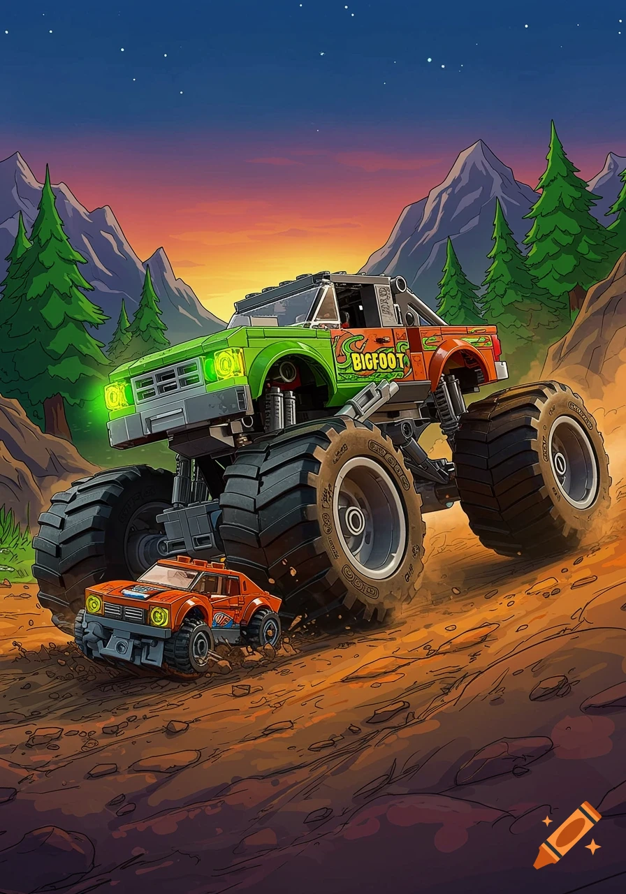 A vibrant cartoon illustration of a green and orange Lego Bigfoot monster truck with an orange Lego car in front, driving up a dirt hill at sunset with mountains and trees in the background.