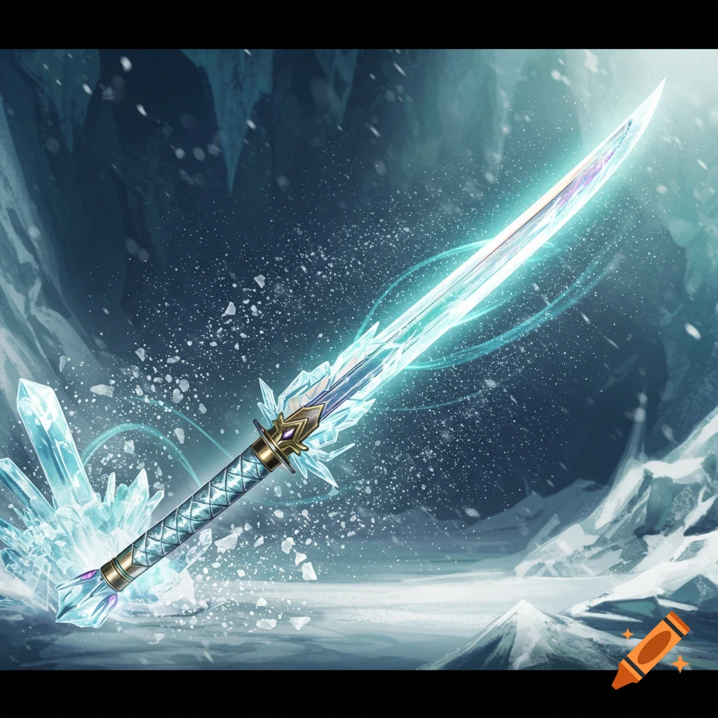 A glowing ice katana with a crystal hilt stands upright in a frozen cave, surrounded by ice shards and sparkling snow.