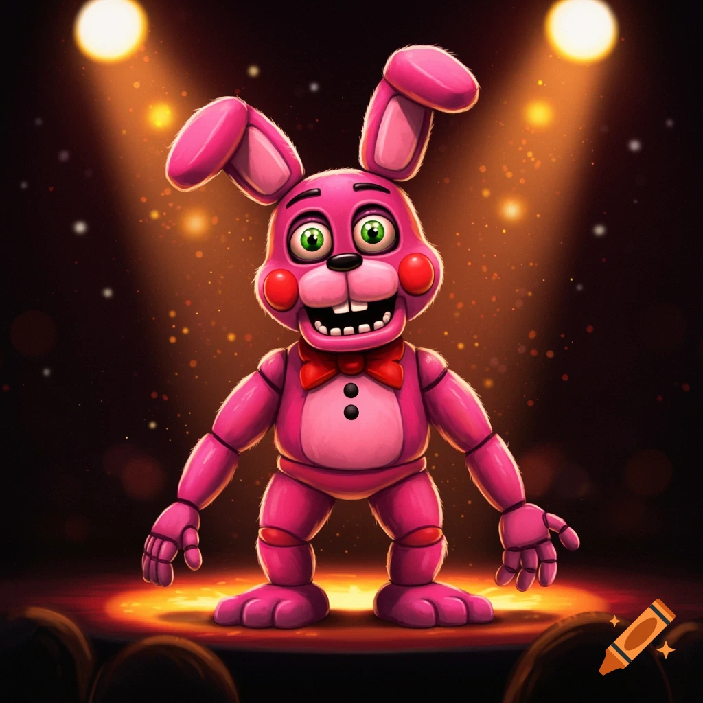 Pink bunny animatronic with big green eyes and a red bow tie stands on a spotlighted stage.