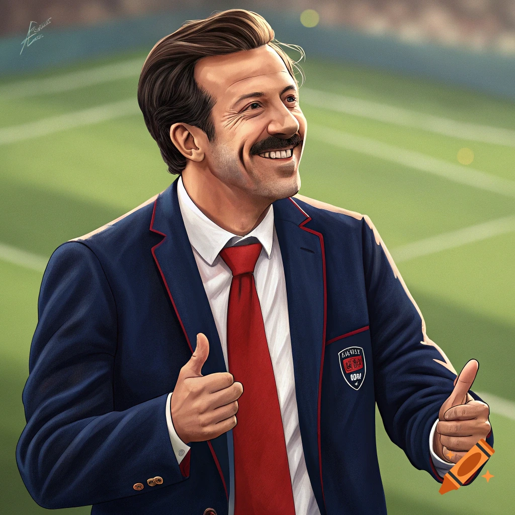Stylized portrait of a man resembling Ted Lasso in a suit, smiling and giving two thumbs up on a sports field.