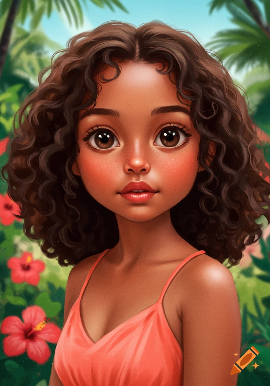 Stylized portrait of a young girl with curly dark hair and freckles, wearing a peach dress, set against a vibrant tropical background.