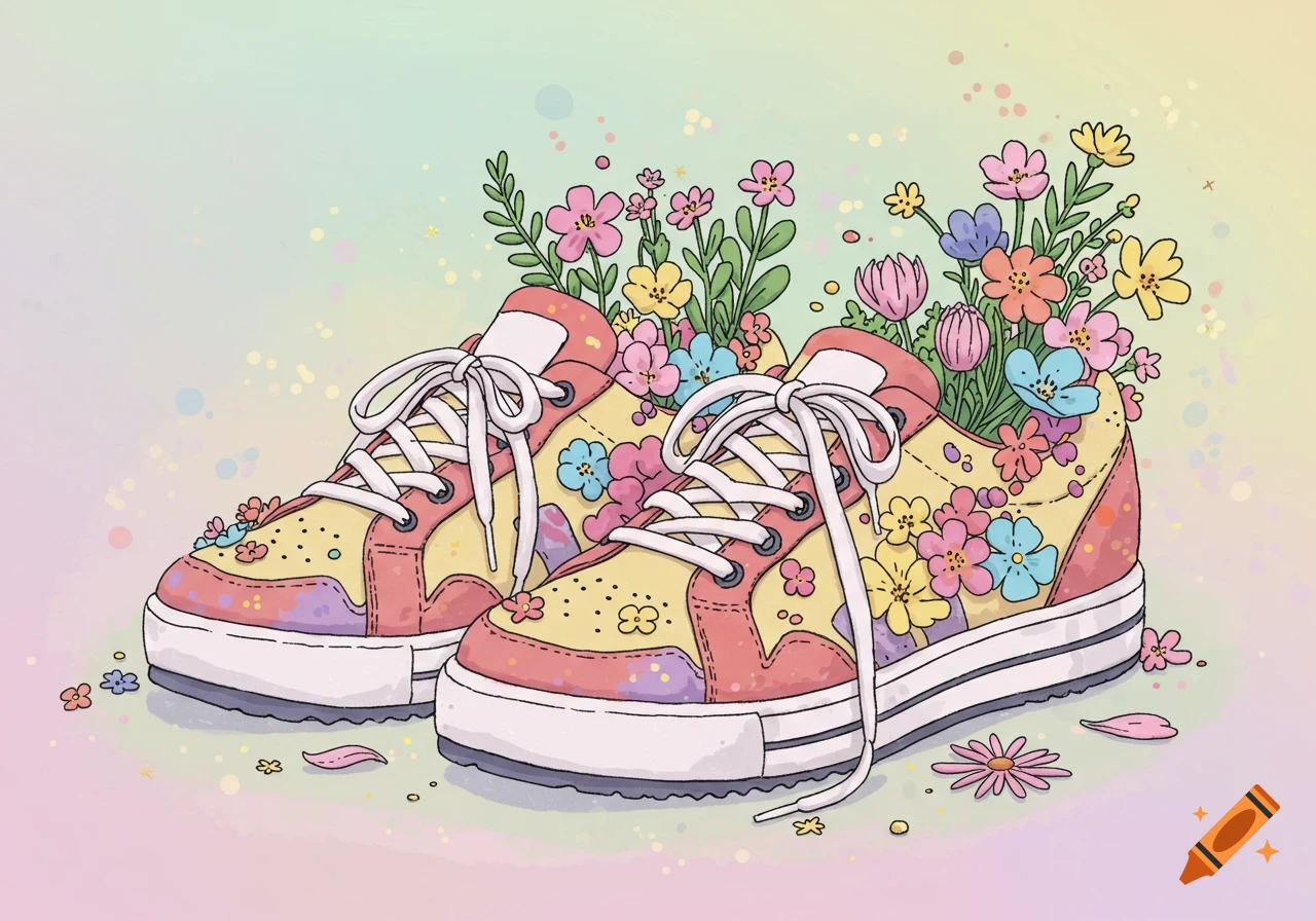 A colorful cartoon illustration of two light yellow and pink sneakers with various colorful flowers growing out of them.