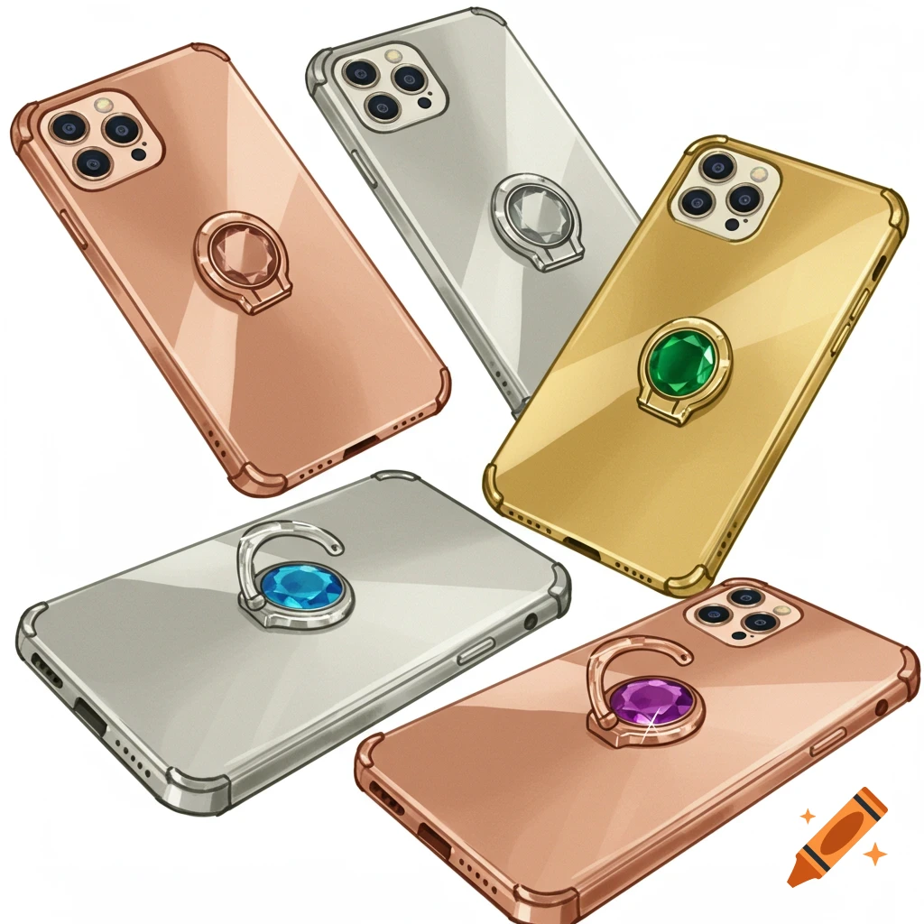 Multiple metallic phone cases with gem ring holders on a white background.