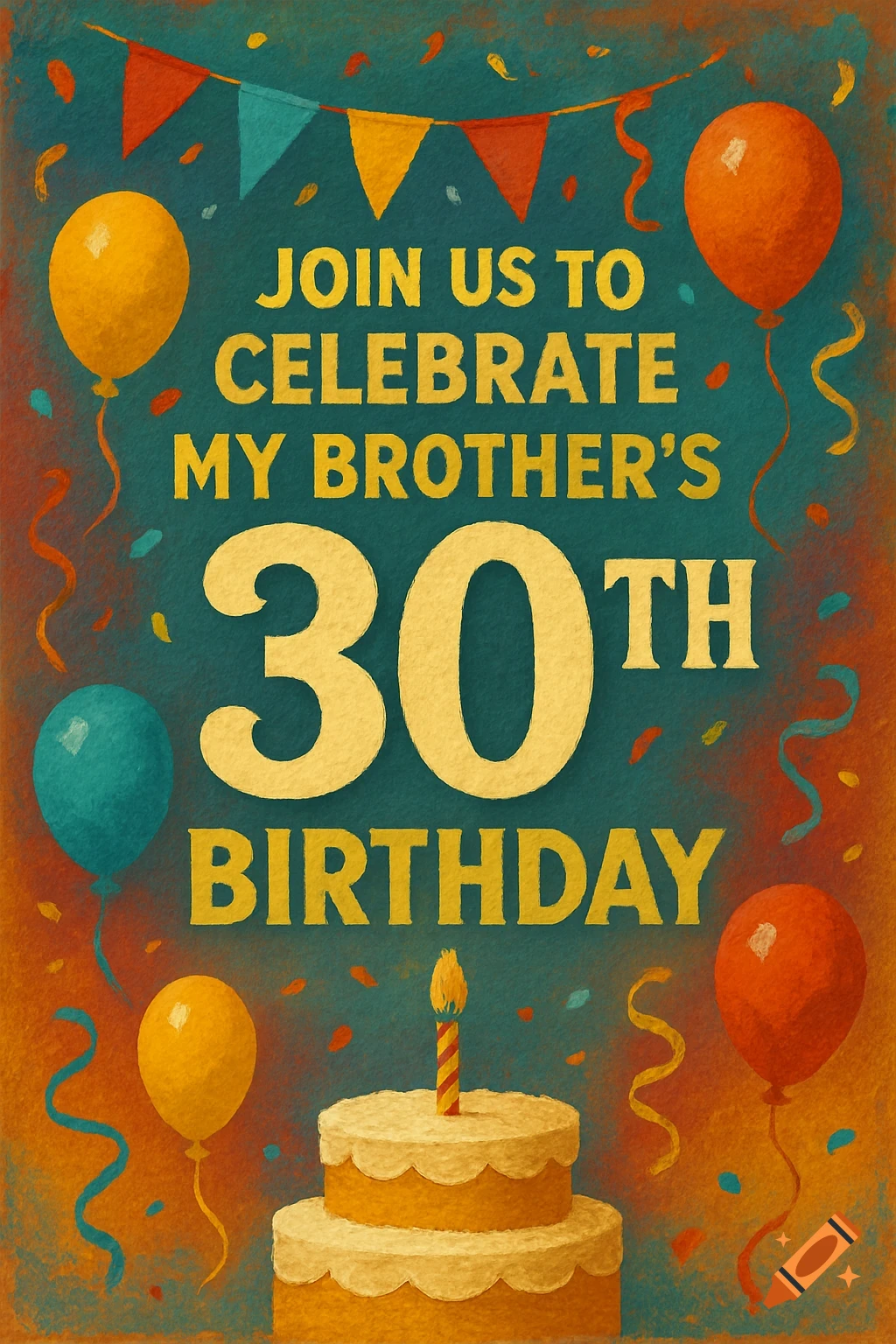 A colorful, textured birthday invitation for a 30th birthday, featuring balloons, a cake, and a party banner with text.