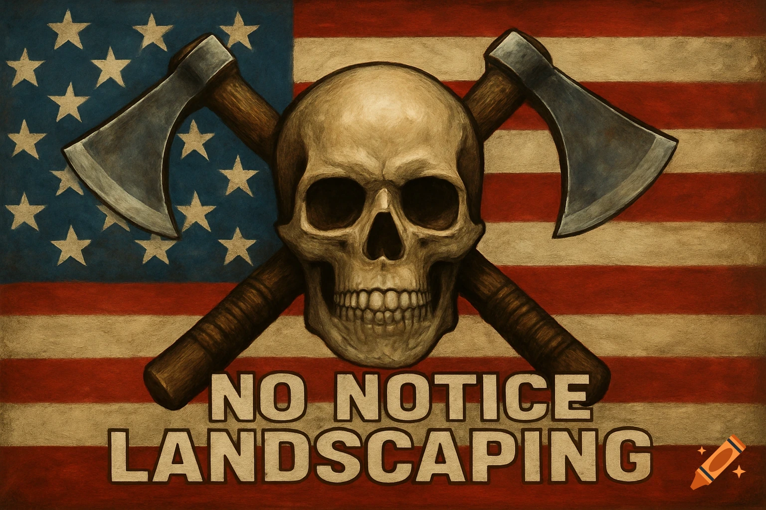 A skull over crossed axes on an American flag backdrop with the text NO NOTICE LANDSCAPING in a grunge illustration style.